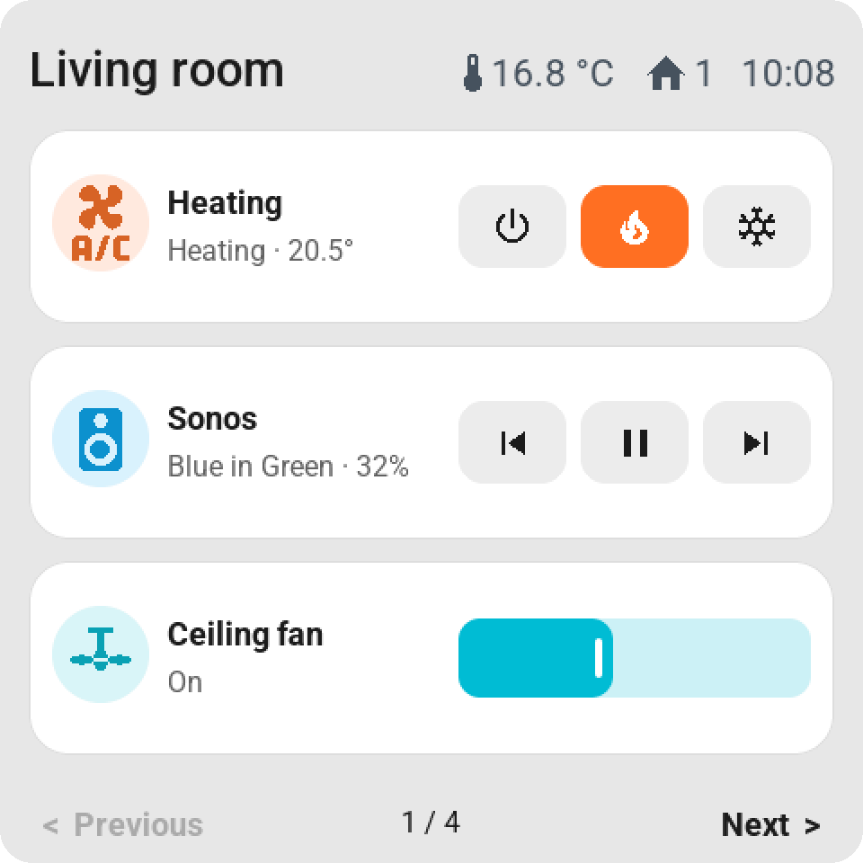 Double-width tiles with direct control: heating mode keys with heat selected, previous, pause and next for the Sonos, and a ceiling fan's speed slider